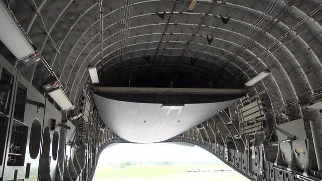 Left To Right Pan Inside Military Aircraft For Carrying Troops And Cargo