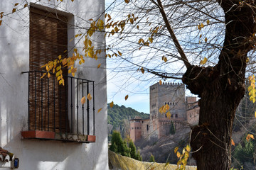 The majestic "Torre de Comares" of the Alhambra contemplated from a viewpoint in the Albaicin neighborhood