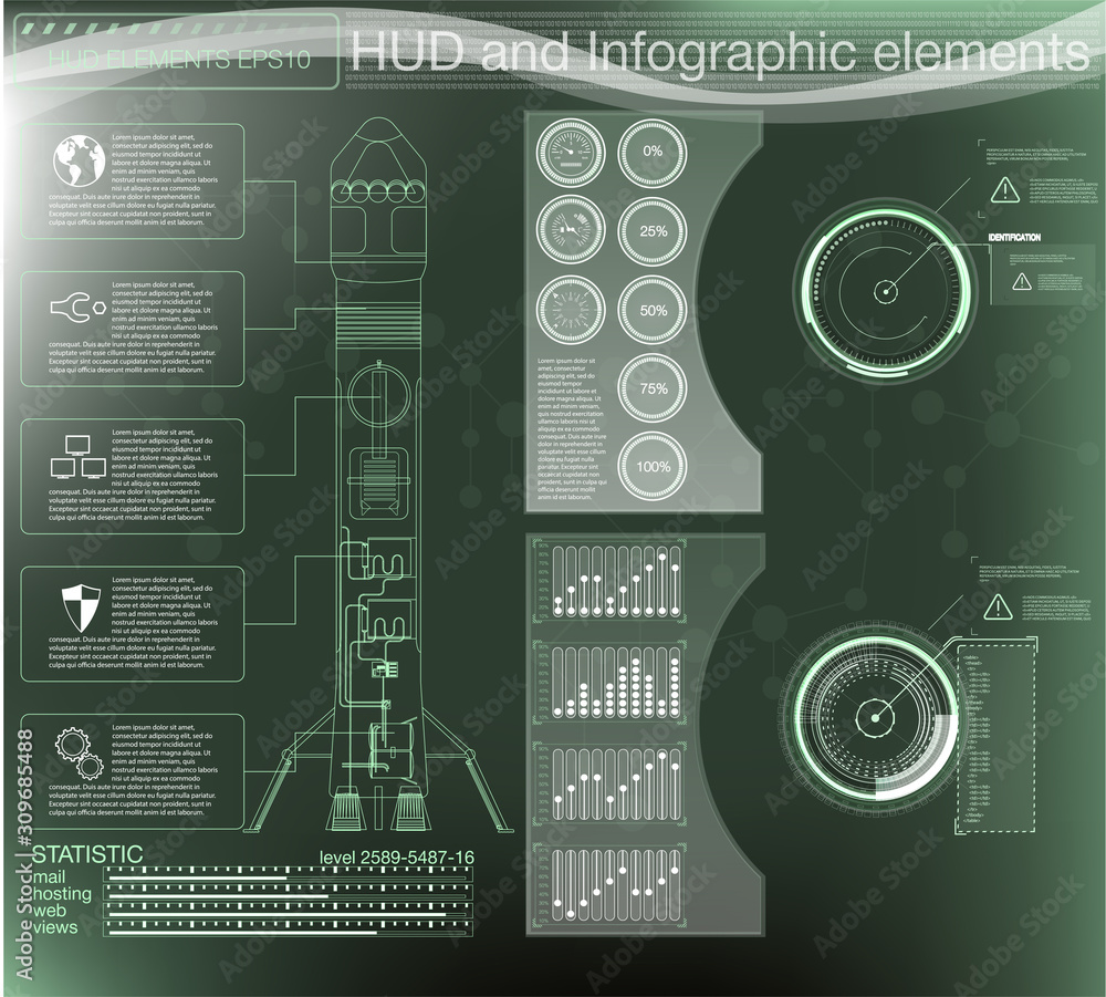 Poster space launch interface rockets, graphic display control the pallet rocket. sky-fi hud. vector eps10.