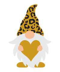 Vector illustration of a gnome with leopard pattern hat holding a here. Cute Valentine’s Day gnome.