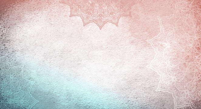 Light, soft aqua and orange coral textured watercolor background with mandalas