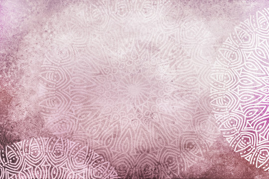 Warm earthy, light pastel rose pink textured watercolor background with hand drawn mandalas