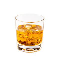 glass of whiskey with ice isolated on white background