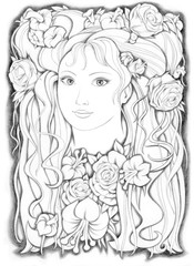 Decorative portrait of a girl with flowers in her hair. Linear hand drawing in black pencil. Suitable for print, postcard, poster, cover, magazine. Stock illustration.