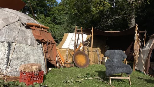 Left To Right Pan Of Native American Indian First Nations Metis Tents Teepees