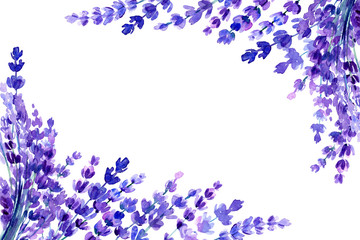 card with place for text, lavender flowers on an isolated white background, watercolor botanical painting