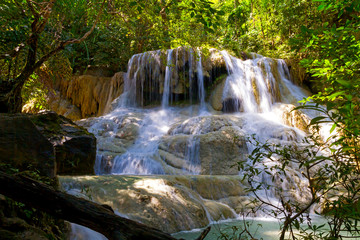 Fototapeta na wymiar Erawan Waterfall in rain forest and natural