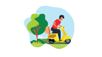 Food service. Fast and free delivery by scooter. Vector cartoon illustration. .