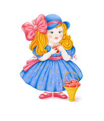 Little girl in a hat holds a heart. Hand drawing watercolor and colored pencils. Suitable for design on Valentine's Day, on Mother's Day. Stock illustration.