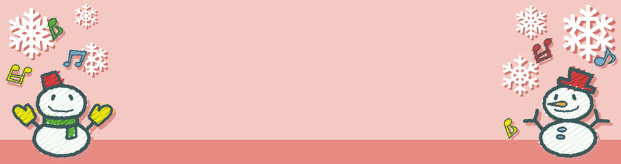 雪だるまと雪の結晶(横長で幅の狭いアイキャッチ画像)ピンク背景落書き風バージョン