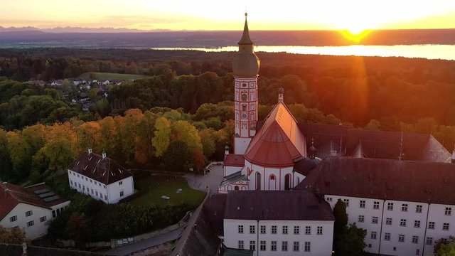 Flight at Andechs Monastery, aerial view at sunrise, Ammersee, F&uuml;nfseenland, Pfaffenwinkel, Upper Bavaria, Bavaria, Germany,