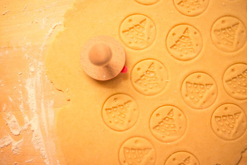 Gingerbread dough for Christmas cookies and cookie stamp in womans hand. Christmas tree themed stamp, nice christmas dough texture.