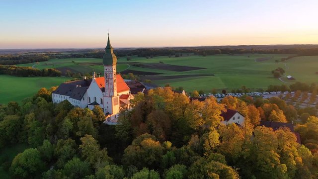Flight at Andechs Monastery, aerial view at sunrise, Ammersee, F&uuml;nfseenland, Pfaffenwinkel, Upper Bavaria, Bavaria, Germany,