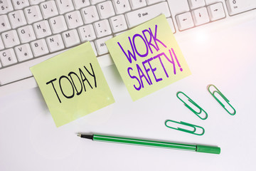 Word writing text Work Safety. Business photo showcasing policies and procedures in place to ensure health of employees Square green note paper with pencil on the white background