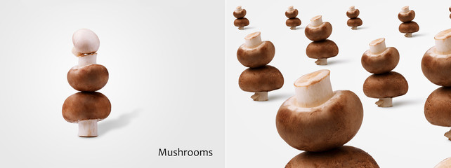 A tower of fresh brown mushrooms over grey background, panoramic image