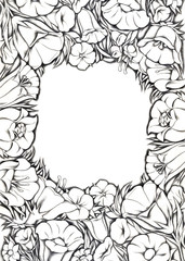 Floral pattern greeting card. The illustration is made in black pencil. Design for wedding invitations, valentine's day and mother's day cards, birthday.