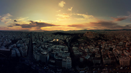 Aerial drone photo of iconic Acropolis hill and the Parthenon at dusk with beautiful sky and colours, Athens, Attica, Greece