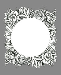 Floral pattern greeting card. The illustration is made in black pencil. Design for wedding invitations, valentine's day and mother's day cards, birthday.