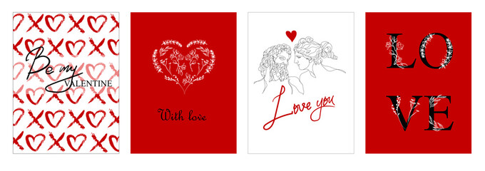 Set of Valentine's day greeting cards with hand written greeting lettering and decorative textured brush strokes on background. Happy Valentine's day, Love you words
