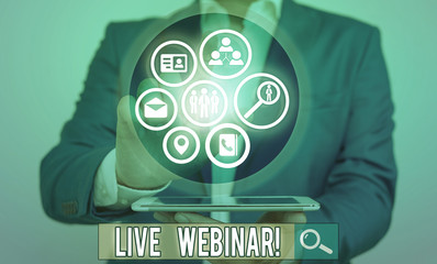 Conceptual hand writing showing Live Webinar. Concept meaning presentation lecture or seminar...