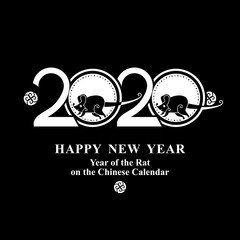 Year of the Rat 2020 flat design. Chinese New Year. Two cute rats are running against the background of 2020. Year of the rat vector template.