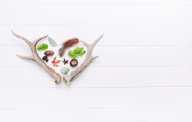 Deer horns in a heart shape on white wooden background