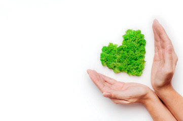 Heart shape stabilized moss in female hands on white background