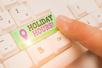 Word writing text Holiday Hours. Business photo showcasing Overtime work on for employees under...