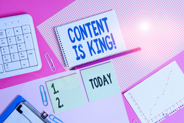 Conceptual hand writing showing Content Is King. Concept meaning marketing focused growing...