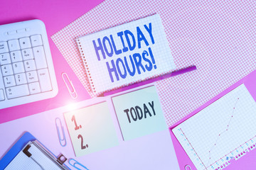 Conceptual hand writing showing Holiday Hours. Concept meaning Overtime work on for employees under...