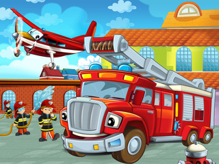 cartoon scene with fireman car vehicle on the road near the fire station with firemen - illustration for children