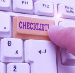 Conceptual hand writing showing Checklist. Concept meaning list items required things be done or...