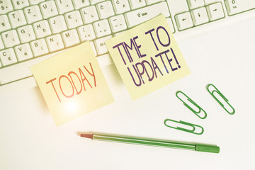 Word writing text Time To Update. Business photo showcasing this is right moment to make something more modern new Square green note paper with pencil on the white background