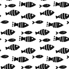 Fishes hand drawn seamless pattern. Marine backdrop. Flat illustration in scandinavian style. Wrapping paper, textile design. Black on white background