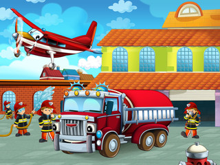 cartoon scene with fireman car vehicle on the road near the fire station with firemen - illustration for children