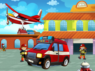 Obraz na płótnie Canvas cartoon scene with fireman car vehicle on the road near the fire station with firemen - illustration for children
