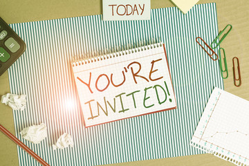 Word writing text You Re Invited. Business photo showcasing make a polite friendly request to...