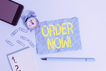 Text sign showing Order Now. Business photo text confirmed request by one party to another to buy...