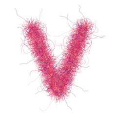 Furry font. Isolated hairy letter V on white background. Shaggy glyph for decoration. Funny style.