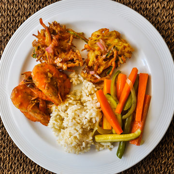 Simple Philippine meal - brown rice, battered shrimp, battered vegetables, shrimp fritters (ukoy)