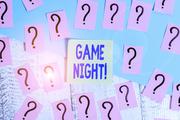 Conceptual hand writing showing Game Night. Concept meaning usually its called on adult play dates...