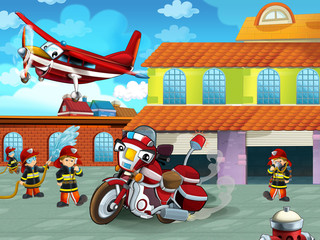 cartoon scene with fireman car vehicle on the road near the fire station with firemen - illustration for children