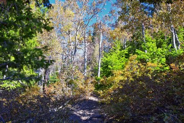 Butterfield canyon hiking path views of the Oquirrh range along the Wasatch Front Rocky Mountains, by Kennecott Rio Tinto Copper mine, Tooele and Salt Lake City fall. Utah, United States.