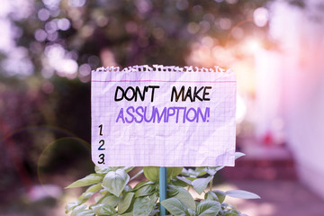 Handwriting text Don T Make Assumption. Conceptual photo something that you assume to be case even without proof Plain empty paper attached to a stick and placed in the green leafy plants