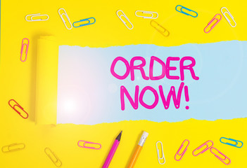 Text sign showing Order Now. Business photo showcasing confirmed request by one party to another to...