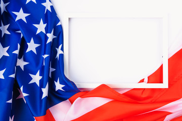 Martin luther king day, flat lay top view, American flag and photo frame