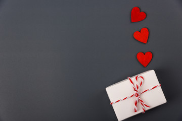 Valentine's day Concept, flat lay top view, White Gift Box and Red Heart