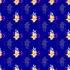 Vector dark blue background lilies & tulip bouquet garden seamless pattern illustration for birthday wedding fabric party event decoration gift wrap scrapbook project, print, wallpaper, textile design