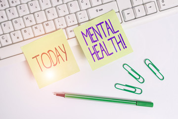 Word writing text Mental Health. Business photo showcasing demonstratings condition regard to their psychological well being Square green note paper with pencil on the white background