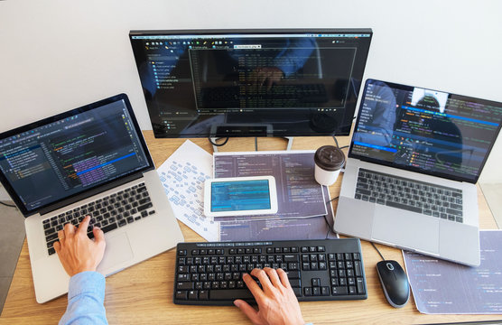 Programmers working in programming Programmer, developer and coding technology Website design, cybersecurity in the cyberspace society